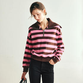 OLrain欧芮儿法式半拉链条纹卫衣女秋冬大翻领套头上衣