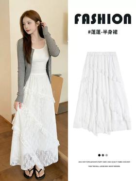 柔雾蕾丝白纱半裙 女春夏新款高腰a字半裙纱裙小个子蛋糕长裙