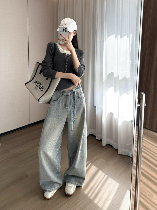 烫钻星河闪耀腰绳显瘦阔腿慵懒牛仔裤 商品图9