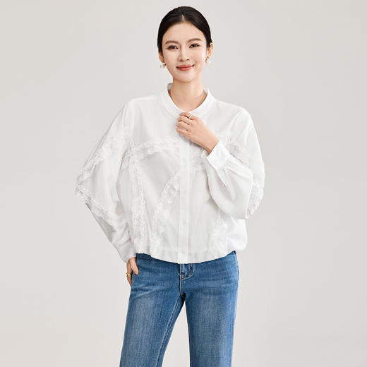 「高货wl」全新升级【铂金会员275/天猫369/差价94】(00843)洛诗琳法式气质蕾丝拼接衬衫2026春季新款天丝刺绣上衣 商品图0