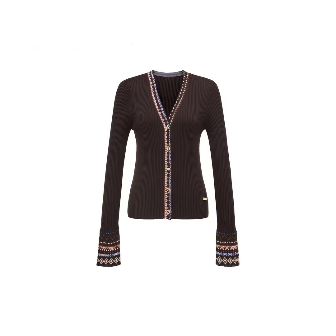 费尔岛提花~民族风v领拼色条纹长袖针织毛衣开衫