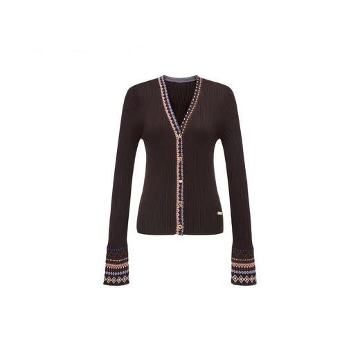 费尔岛提花~民族风v领拼色条纹长袖针织毛衣开衫 商品图0