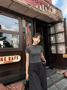 天猫同步【知性天花板】拉夏贝尔/La Chapelle深灰细坑条圆领短袖T恤修身显瘦软糯亲肤半高领打底