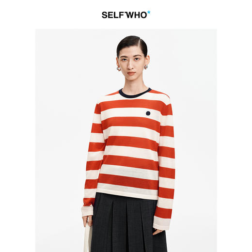 SELFWHO笑脸衣橱绵羊毛撞色条纹长袖T恤女2026春新款圆领宽松上衣 商品图0