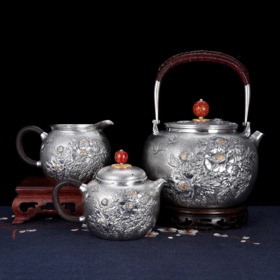 子佩集S990银【国色天香】牡丹提梁壶小茶壶公道杯摆件茶具套装【MH003】【MH005】【MH006】2311
