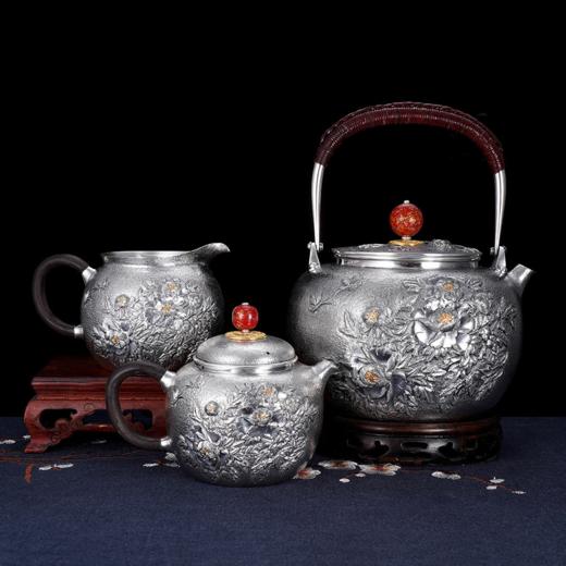 子佩集S990银【国色天香】牡丹提梁壶小茶壶公道杯摆件茶具套装【MH003】【MH005】【MH006】2311 商品图0