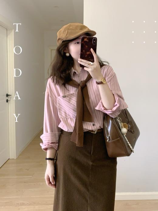 【百图lulu定制】【预售4月17日发】【女绅士衬衫】咖条纹 粉色  长袖衬衫 商品图4