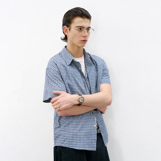 714street休闲宽松纯棉蓝色格子短袖衬衫男2026夏季miu系穿搭衬衣 商品图1