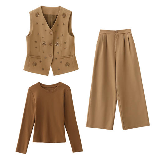 2026春季新款女无袖V领钉珠马甲针织衫休闲阔腿裤三件套装LT2616 商品图4