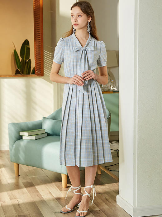 欧芮儿夏装女装格子连衣裙女中长款系带蝴蝶结百褶女裙 商品图2