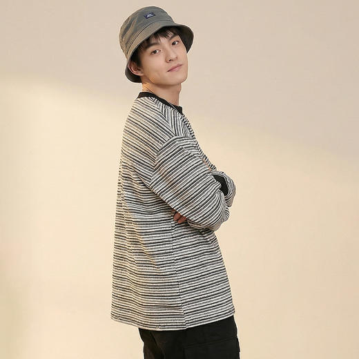 DRONKOO 2026 圆领领口反做撞色细条纹做旧磨破微阔长袖中厚T恤 商品图2