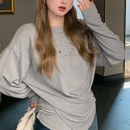 雀说 微胖mm 解构美学 显瘦收腰长袖T恤女交叉门襟宽松廓形上衣 WAL15865 商品图3