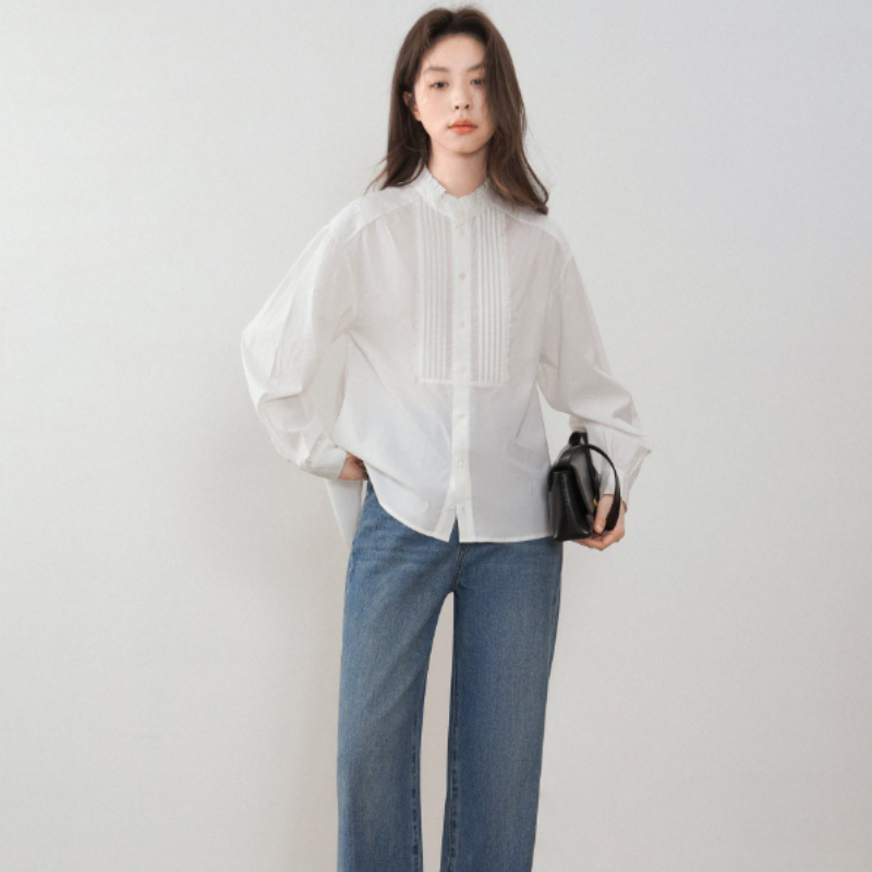 风琴褶长袖花边领法式气质上衣