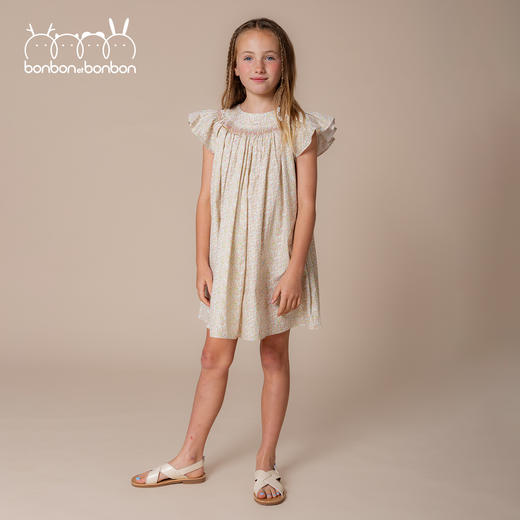 粉绿碎花小飞袖连衣裙 商品图0