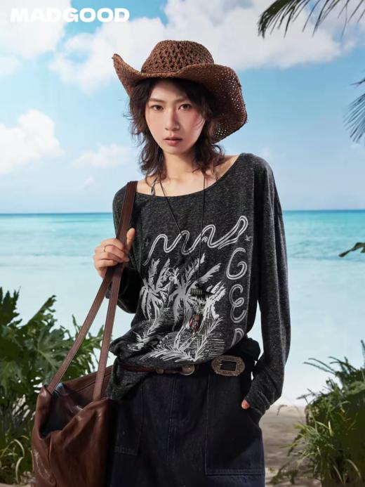 马得工地/MDGDTX222148/手绘椰树一字肩罩衫 商品图2