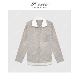 03-2潘依绣丁丁宠粉文艺风气质条纹叠领前短后长衬衣 Q45040