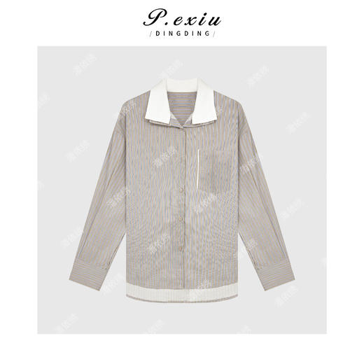 03-2潘依绣丁丁宠粉文艺风气质条纹叠领前短后长衬衣 Q45040 商品图0