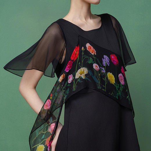 【林栖设计小店】一念春花|黑色优雅百搭桑蚕丝印花飞片2026夏新款连衣裙1962010 商品图2