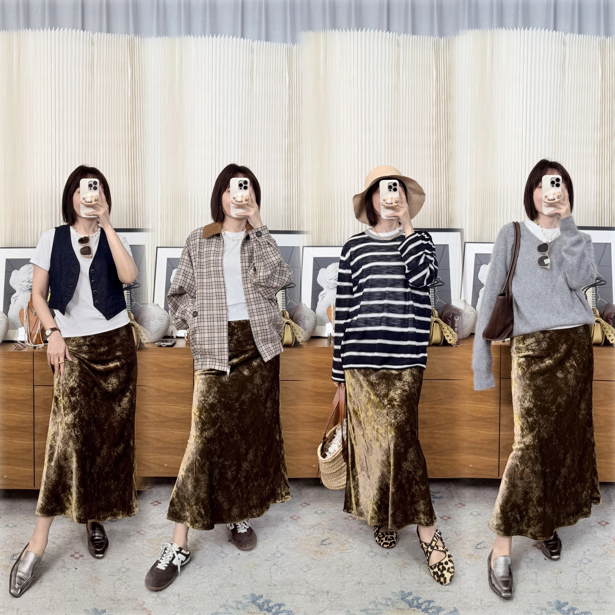 纸醉金迷 烫金丝绒直筒微A半裙 毒家绿咖色 把烟花定格在裙上