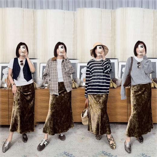 纸醉金迷 烫金丝绒直筒微A半裙 毒家绿咖色 把烟花定格在裙上 商品图0