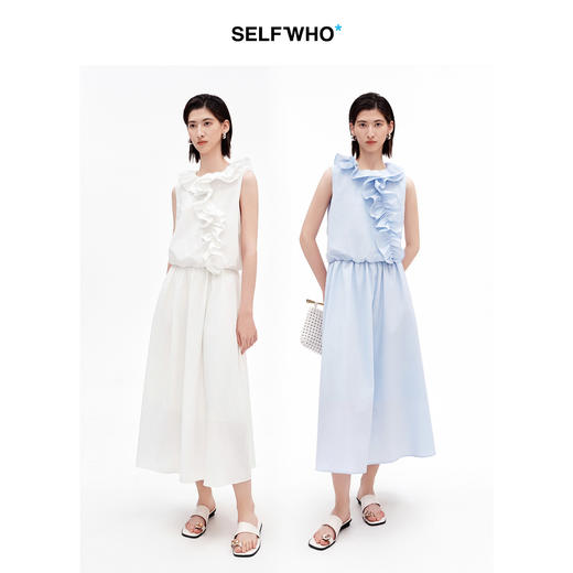 SELFWHO棉混纺双层荷叶边装饰连衣裙女2026夏新款法式优雅无袖裙 商品图1