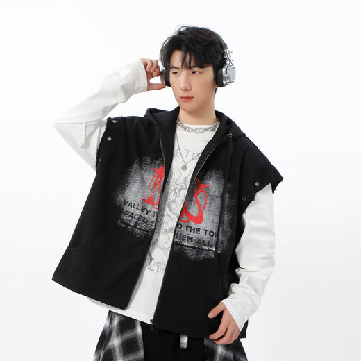 做旧设计潮流街头连帽马夹-纪念日百货门店同款169650498 商品图0