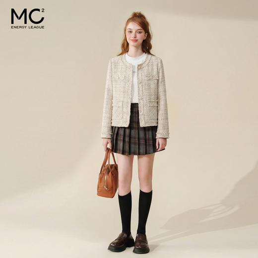 法式气质款显瘦圆领毛边拼接粗花呢小香风外套J3241637 商品图2