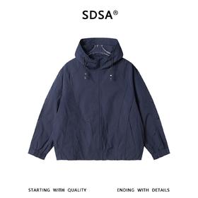 SDSA男士秋冬新款痞帅男装潮牌褶皱纯色拉链立领连帽夹克外套百搭