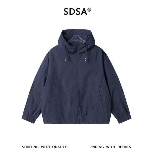 SDSA男士秋冬新款痞帅男装潮牌褶皱纯色拉链立领连帽夹克外套百搭 商品图0