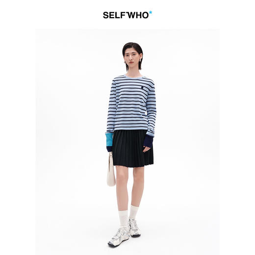 SELFWHO棉醋酸混纺撞色条纹长袖T恤女2026夏新款正肩宽松套头上衣 商品图2