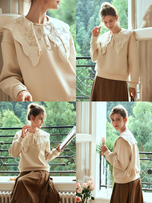 OLrain欧芮儿奶茶色套头卫衣女秋冬2023年新款中式波浪领提花上衣 商品图2