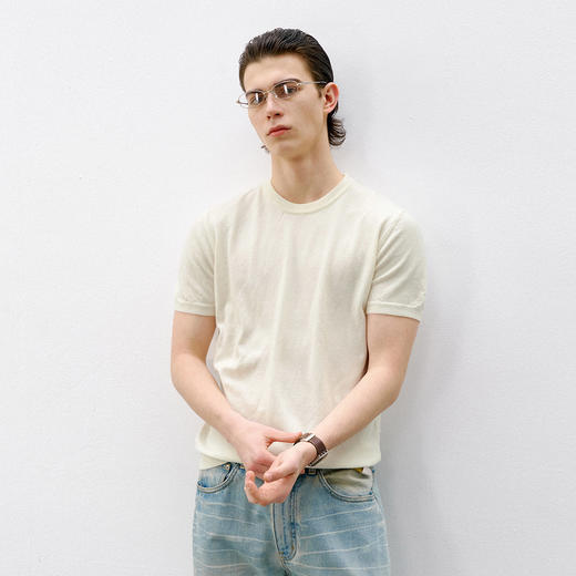 714street正肩合身收腰圆领针织衫2026夏季老钱风休闲短袖T恤男款 商品图1