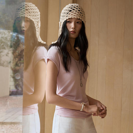 【2026夏季新品】蚕丝羊毛・蛋领短袖 春夏蚕丝T恤 天丝莫代尔打底衫 修身显瘦落肩上衣 商品图1