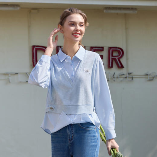 半身缘女装 春季假两件针织马甲拼接衬衫261213U05040270 商品图0