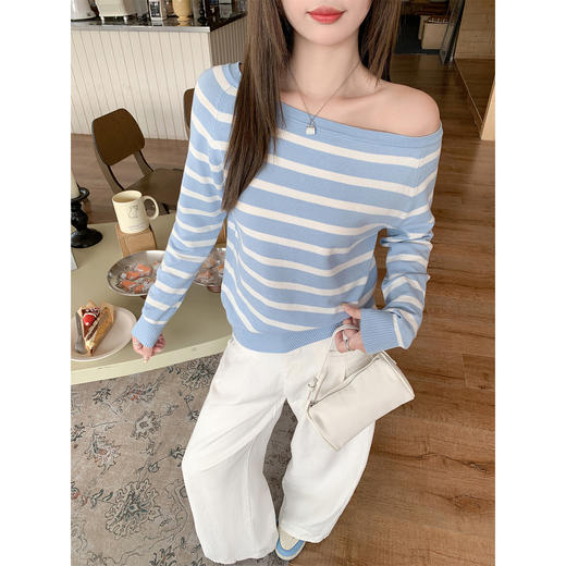 <曾小咸推荐>3.10现货秒杀 ！微信超特价！韩系条纹斜肩露肩针织衫 日常159.99 立减90 秒杀69.99！！ 商品图2