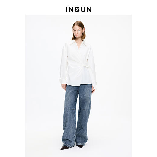 INSUN恩裳复古水洗阔腿长绒棉弯刀牛仔裤 商品图1