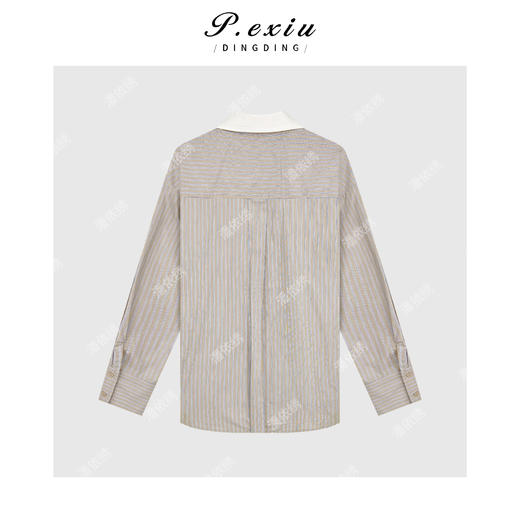 03-2潘依绣丁丁宠粉文艺风气质条纹叠领前短后长衬衣 Q45040 商品图1