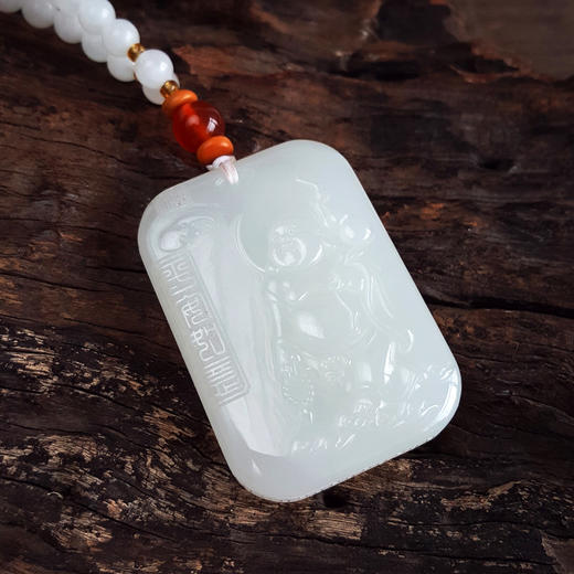 【天然正品】天然青海料细腻一级白雕佛公平安无事牌和田玉珠串项链 链长：38CM 140226NJS23 商品图3