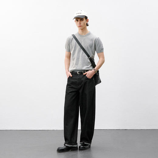 714street正肩合身收腰圆领针织衫2026夏季老钱风休闲短袖T恤男款 商品图3