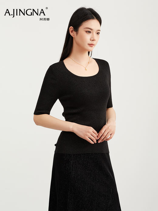 【法式打底】阿菁娜春季新款五分袖针织衫法式亮闪打底螺纹针织垂坠有型F31C301006 商品图4