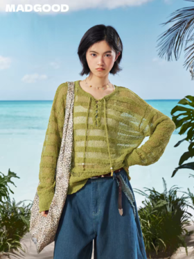 马得工地/MDGDMY222401/条纹镂空仿麻曲毛衣罩衫