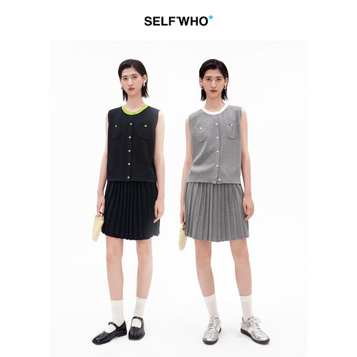 SELFWHO亚麻混纺撞色正肩圆领马甲背心女2026夏新款宽松开衫上衣 商品图2