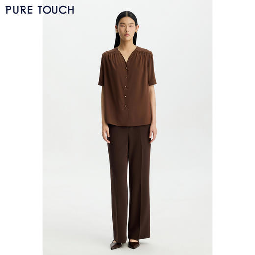 商场同款PURE TOUCH女装26春夏新款桑蚕丝衬衫v领抽褶短袖衬衣 商品图1