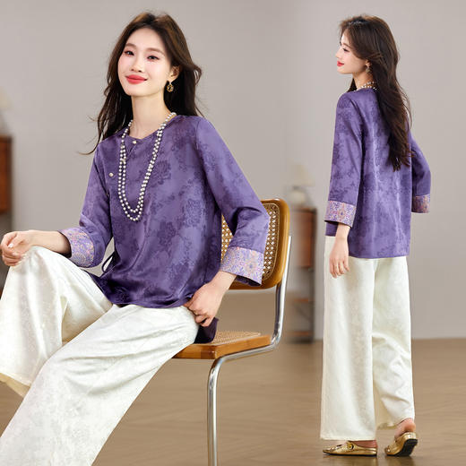 新款新中式洋气套装百搭款圆领上衣裤子两件套装YBER657 商品图1