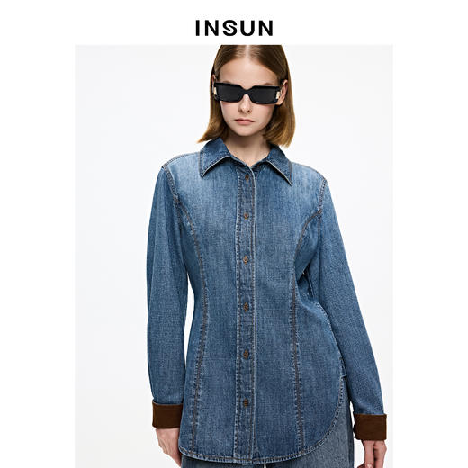 INSUN恩裳小尖领挺括感牛仔高支棉长袖衬衫 商品图4