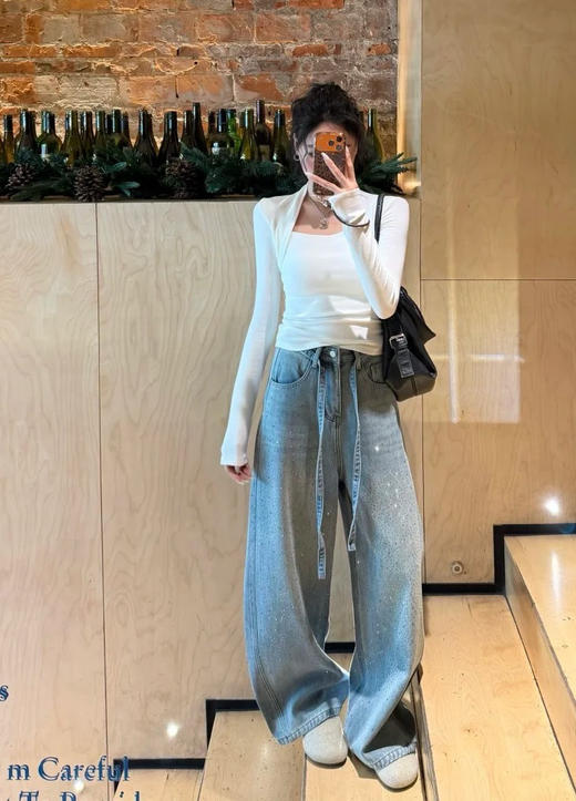 烫钻星河闪耀腰绳显瘦阔腿慵懒牛仔裤 商品图2