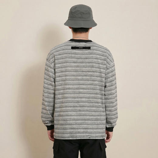DRONKOO 2026 圆领领口反做撞色细条纹做旧磨破微阔长袖中厚T恤 商品图4