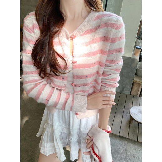 <曾小咸推荐>3.9现货秒杀 ！微信超特价！韩系粉色条纹针织开衫 日常189.99 立减100 秒杀89.99！！ 商品图2