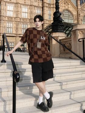 驴家25ss镶钻logo棋盘格针织短袖（DY）