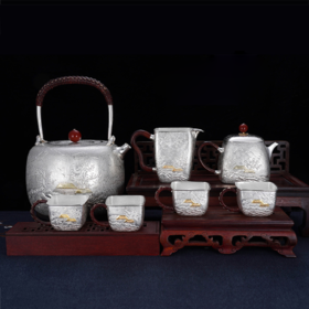 子佩集S999银【云影仙踪】嵌金提梁壶小茶壶公道杯摆件茶杯摆件茶具套装【ZJ011】【ZJ002】【ZJ003】【ZJ013】原创作品2311